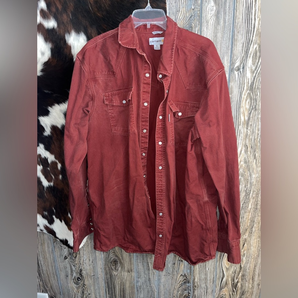 Carhartt Men's rusty Red canvas Denim pearl snap shirt size XL tall like new